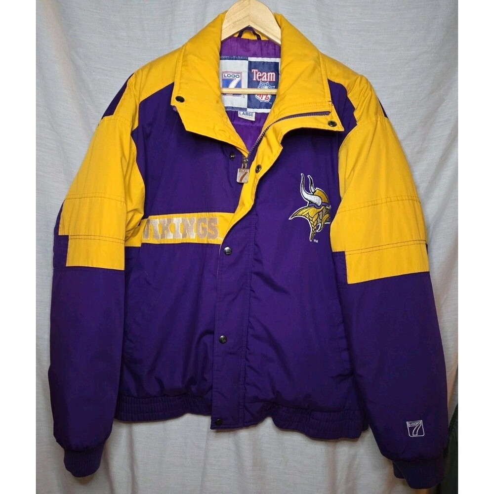 VINTAGE Minnesota Vikings Logo 7 Full Zip Jacket, Men's Large, Purple / Yellow
